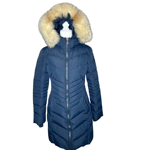PAJAR QUEENS QUILTED PUFFER REAL FUR TRIM DETACHABLE HOOD IN NAVY WOMEN’S SMALL